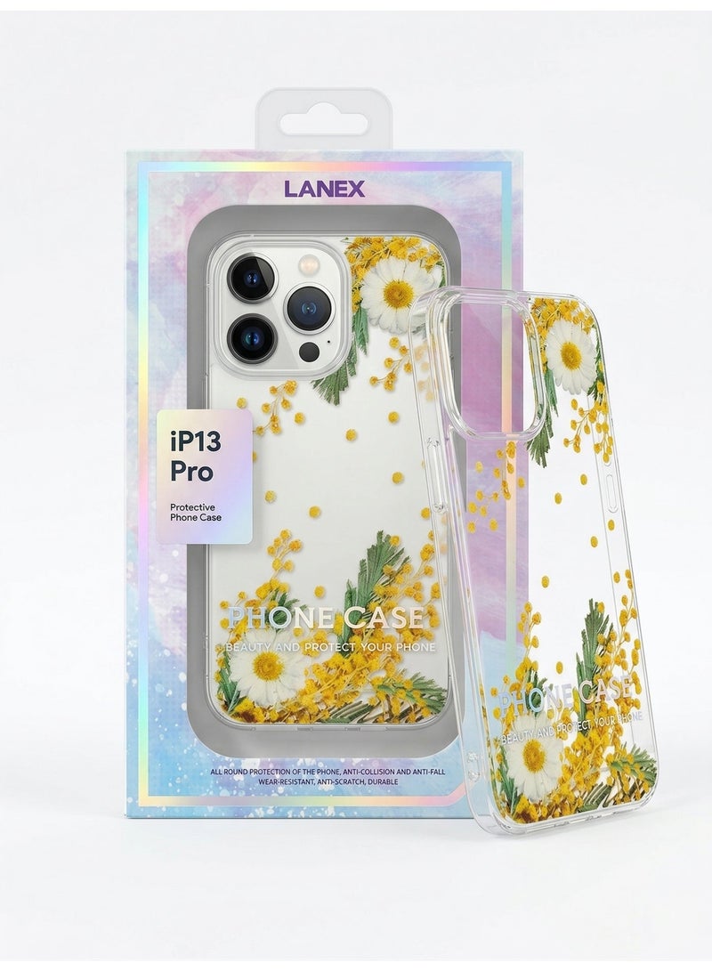 لانيكس جراب حماية خلفي شفاف لانيكس (LANEX) متوافق مع ايفون 13 برو (iPhone 13 Pro) بتصميم زهور الربيع الطبيعية (ديزي) - أصفر/أخضر - Image 3