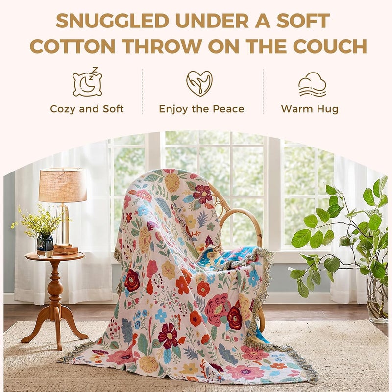 LUTBM Boho Throw Blanket for Couch Sofa Chair Cotton Blankets for Bedroom Living Room All Season Soft Lightweight Reversible Chic Floral Embroidery Throws 50"x60" - Image 4