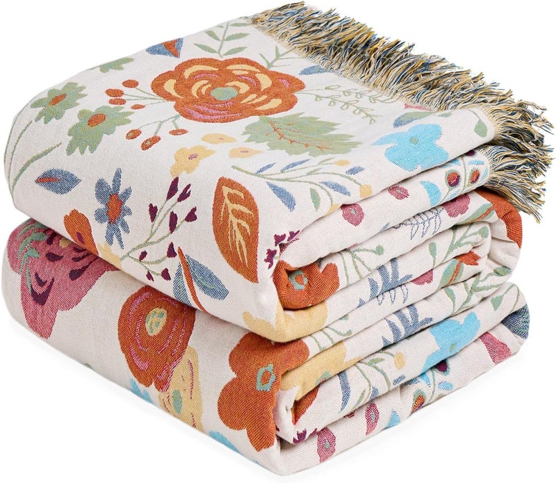 LUTBM Boho Throw Blanket for Couch Sofa Chair Cotton Blankets for Bedroom Living Room All Season Soft Lightweight Reversible Chic Floral Embroidery Throws 50"x60" - Image 1