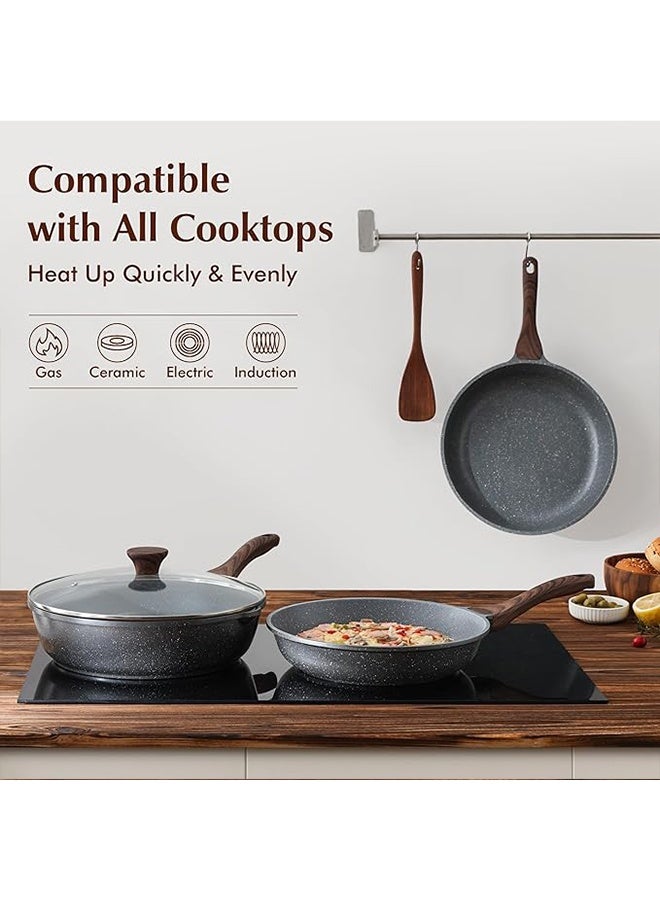 موندا طقم مكون من ثلاث قطع غير لاصقة (أسود): مقلاة أومليت (30 سم)، مقلاة متوسطة (26 سم)، مقلاة صغيرة (22 سم) أواني طهي صحية - Image 3