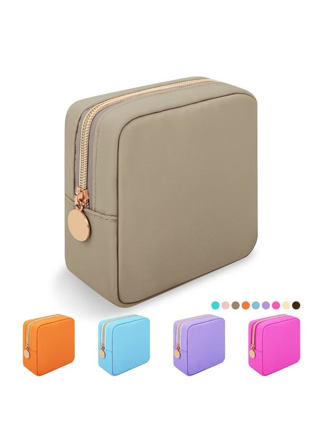 Iqimott Nylon Mini Makeup Bag, Preppy Small Cosmetic Bag Compact Make up Pouch Toiletry Bag, Waterproof Zipper Purse Travel Coin Pouch Sanitary Napkin Storage Bag for Women Girls Teens(Khaki) - Image 1