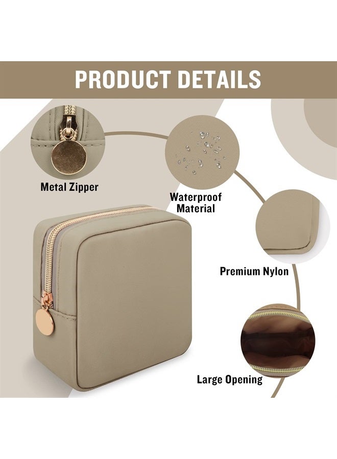 Iqimott Nylon Mini Makeup Bag, Preppy Small Cosmetic Bag Compact Make up Pouch Toiletry Bag, Waterproof Zipper Purse Travel Coin Pouch Sanitary Napkin Storage Bag for Women Girls Teens(Khaki) - Image 2