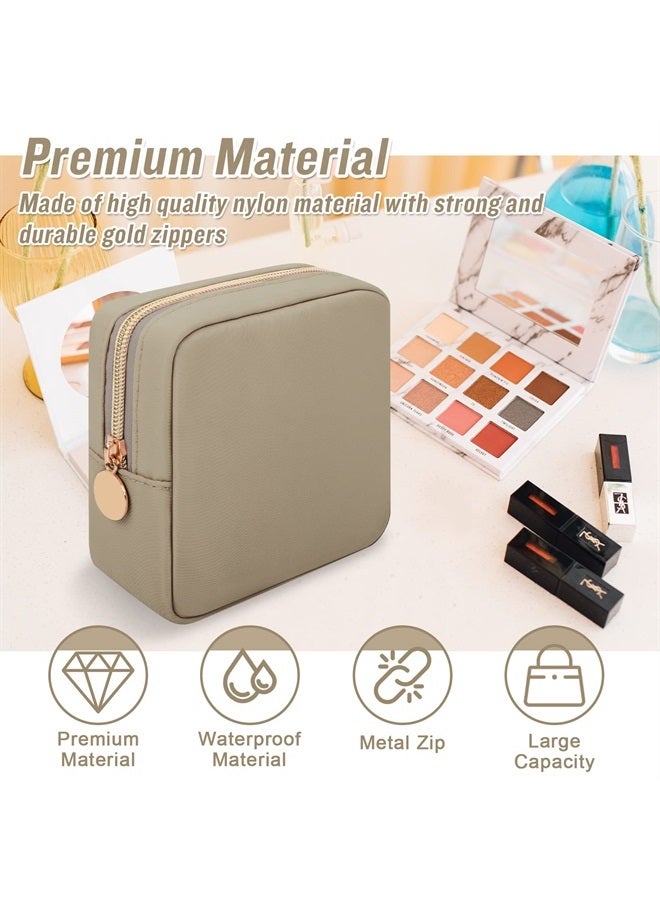 Iqimott Nylon Mini Makeup Bag, Preppy Small Cosmetic Bag Compact Make up Pouch Toiletry Bag, Waterproof Zipper Purse Travel Coin Pouch Sanitary Napkin Storage Bag for Women Girls Teens(Khaki) - Image 3