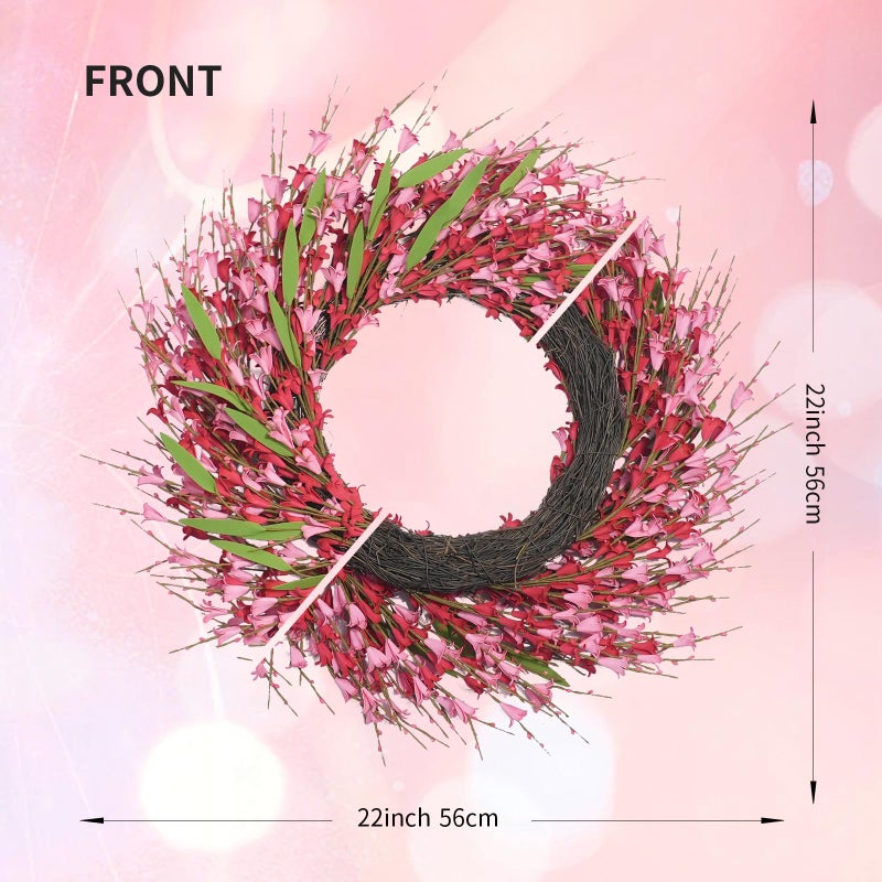 idyllic 22 Inch Spring Pink Forsythia Wreath, Valentine's Day Floral Decor with Red Pink Blooms for Front Door Mantel Table Wall Window Indoor Wedding Anniversary Dinner Decor - Image 2