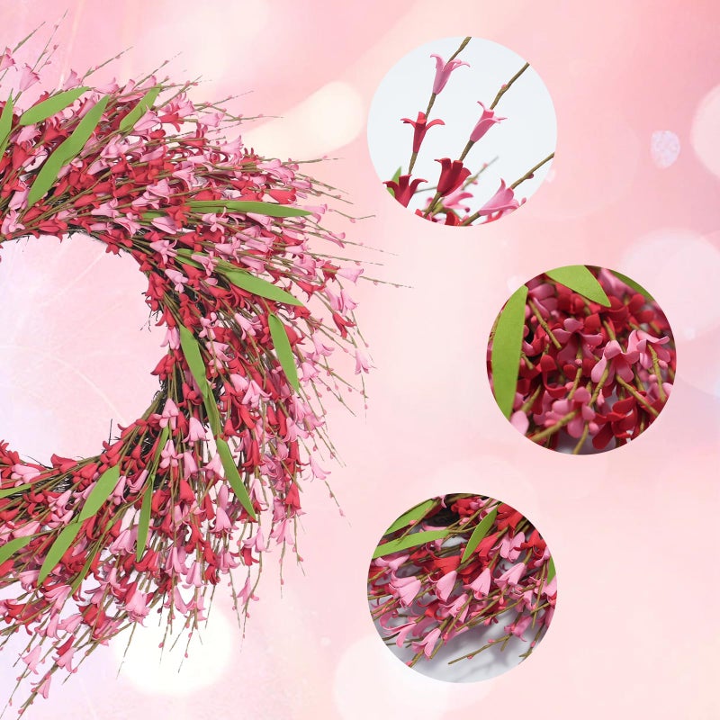 idyllic 22 Inch Spring Pink Forsythia Wreath, Valentine's Day Floral Decor with Red Pink Blooms for Front Door Mantel Table Wall Window Indoor Wedding Anniversary Dinner Decor - Image 3