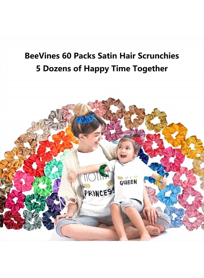BeeVines 60 Pack Hair Scrunchies, BeeVines Satin Silk Scrunchies for Hair, Silky Curly Hair Accessories for Women, Hair Ties Ropes for Teens, Scrunchies Pack Girl's Birthday Gift Thanksgiving Christmas Gift - Image 5