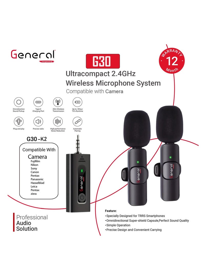 ميكروفونات جنرال اللاسلكية G30 كاميرا K2 (أسود)