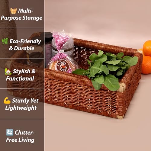 AKWAY Wicker Rectangular Basket For Keeping Cloths,Storage Basket,Bin Organizer For Toiletry,Kitchen Utilites Cosmetic Towels Bathroom Trya&Kitchen Organizer Bamboo Basket (16 L X 9 W X 4.5H) Brown - Image 5