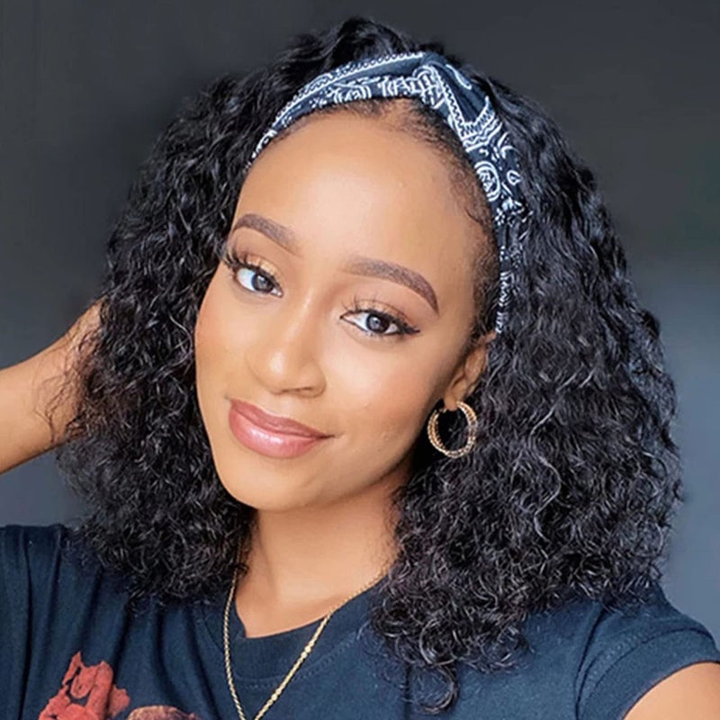 Aiterina Headband Wig deep wave human hair wigs for Black Women Brazilian Remy Hair Glueless Non Lace Front Wig 150 Density Natural Color 8 inch Headband Wig Deep Wave
