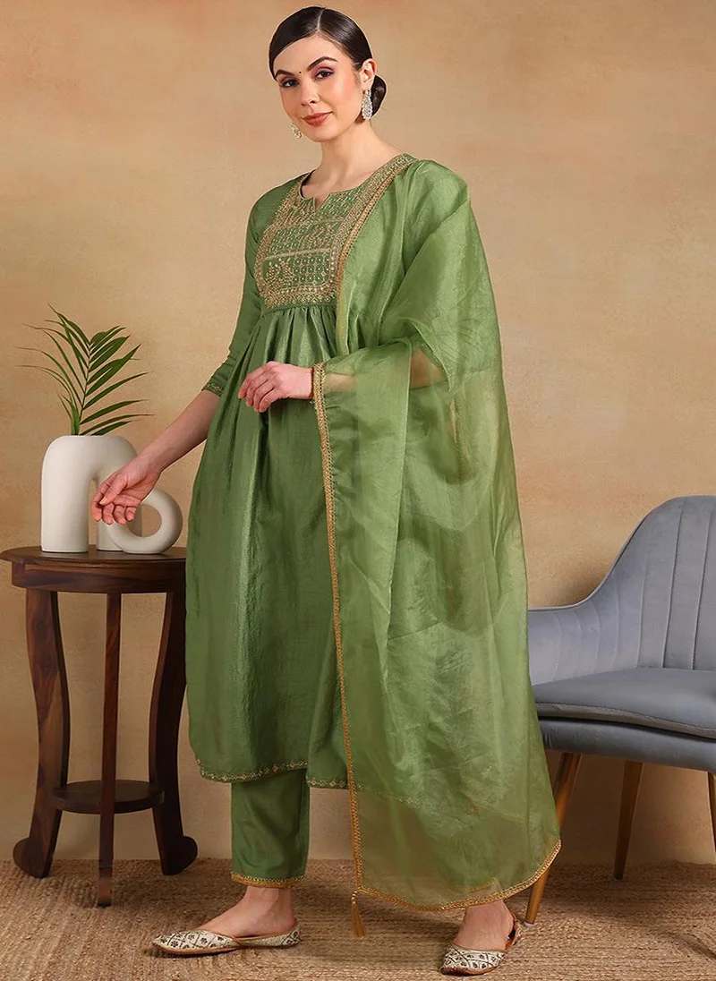 ZERESOUQ Green Silk Blend Yoke Design Flared Empire 3-Piece Kurta Set