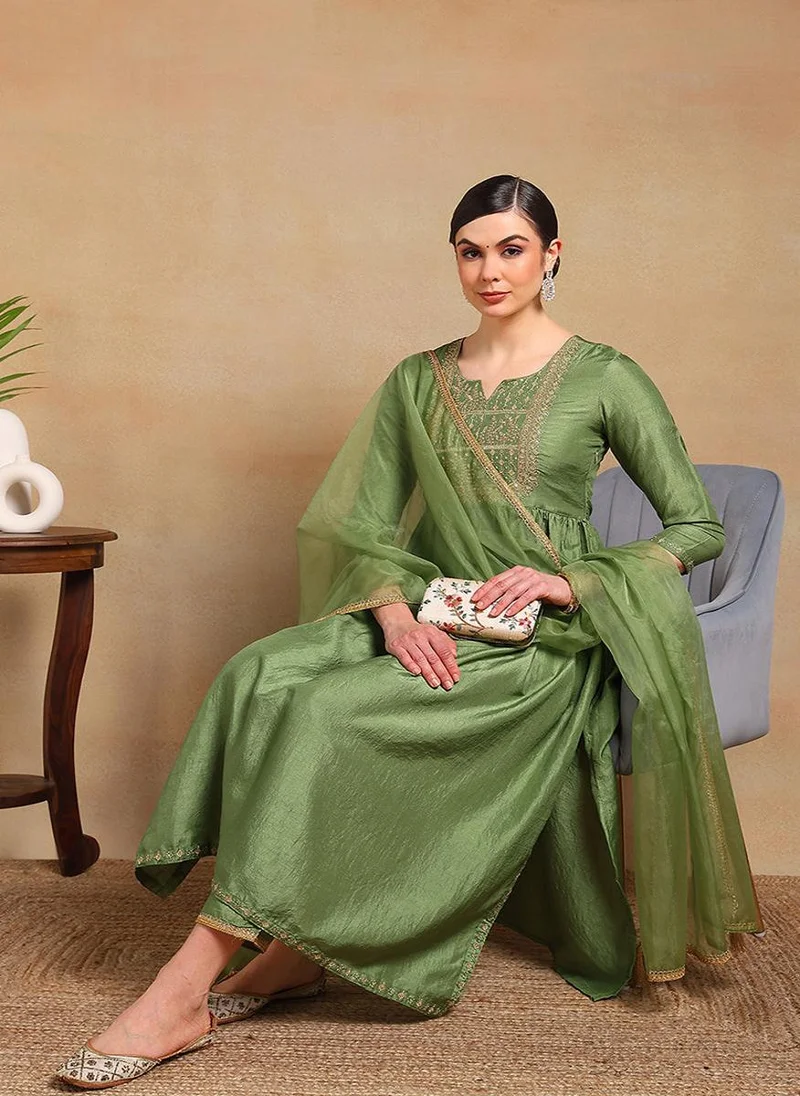 ZERESOUQ Green Silk Blend Yoke Design Flared Empire 3-Piece Kurta Set