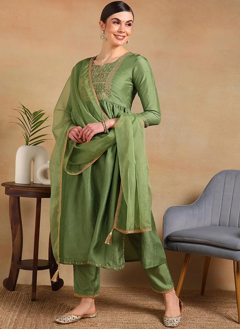 ZERESOUQ Green Silk Blend Yoke Design Flared Empire 3-Piece Kurta Set