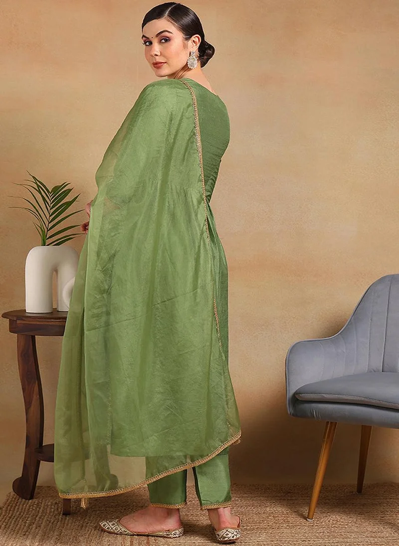ZERESOUQ Green Silk Blend Yoke Design Flared Empire 3-Piece Kurta Set