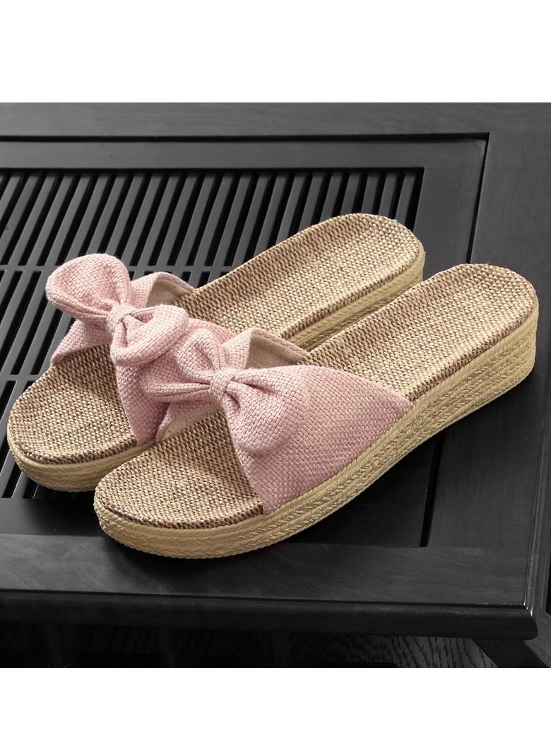 Loquat Women's Solid Color Bowknot Thick Soled Flax Slippers Non Slip Linen Indoor Slippers Open Toe Light Pink 