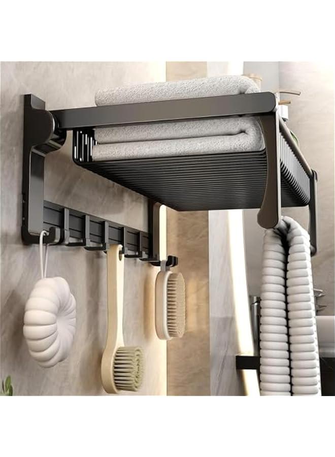 MIXDE Towel Rack, Stainless Steel Bathroom Towel Rail with Towel Bar and Hooks, Foldable Wall-Mounted Self Adhesive Shower Shelf Organizer, Bath Towel Storage Shelf-Black - Image 1
