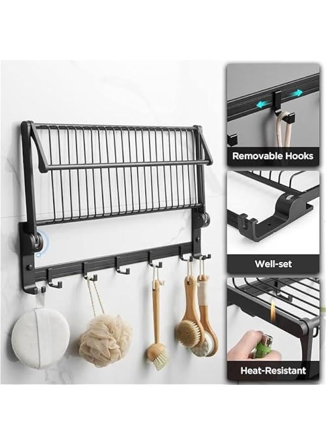 MIXDE Towel Rack, Stainless Steel Bathroom Towel Rail with Towel Bar and Hooks, Foldable Wall-Mounted Self Adhesive Shower Shelf Organizer, Bath Towel Storage Shelf-Black - Image 2