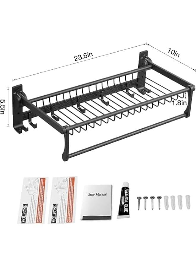 MIXDE Towel Rack, Stainless Steel Bathroom Towel Rail with Towel Bar and Hooks, Foldable Wall-Mounted Self Adhesive Shower Shelf Organizer, Bath Towel Storage Shelf-Black - Image 3