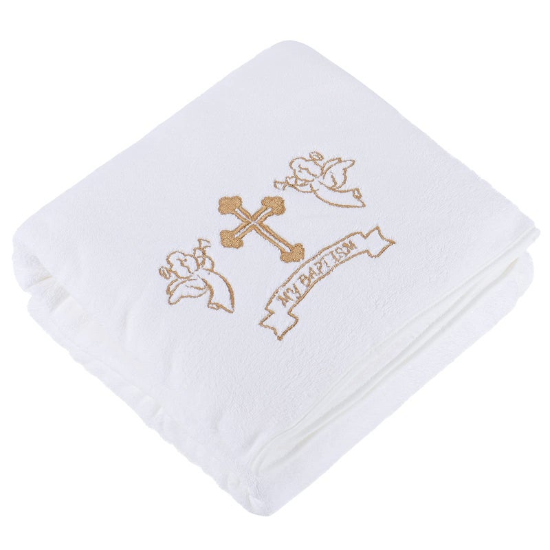 Baby Christening Blanket My Baptism Christening Dedication White Receiving Blanket with Embroidered Cross Premium Soft Warm Cozy Coral Fleece for Newborn Infant or Toddler
