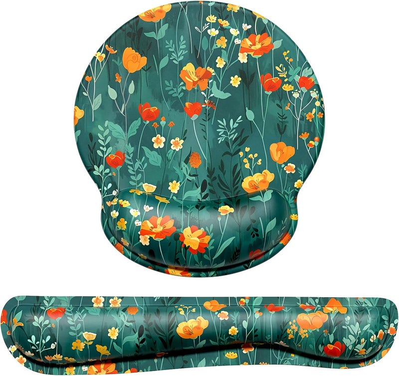 Dapesuom Keyboard Wrist Rest and Mouse Pad with Wrist Support, Cute Memory Foam Cushion for Keyboard and Mouse Set, Desktop Pad Rests with Non Slip Base for Easy Typing & Pain Relief, Forest Flowers - Image 1