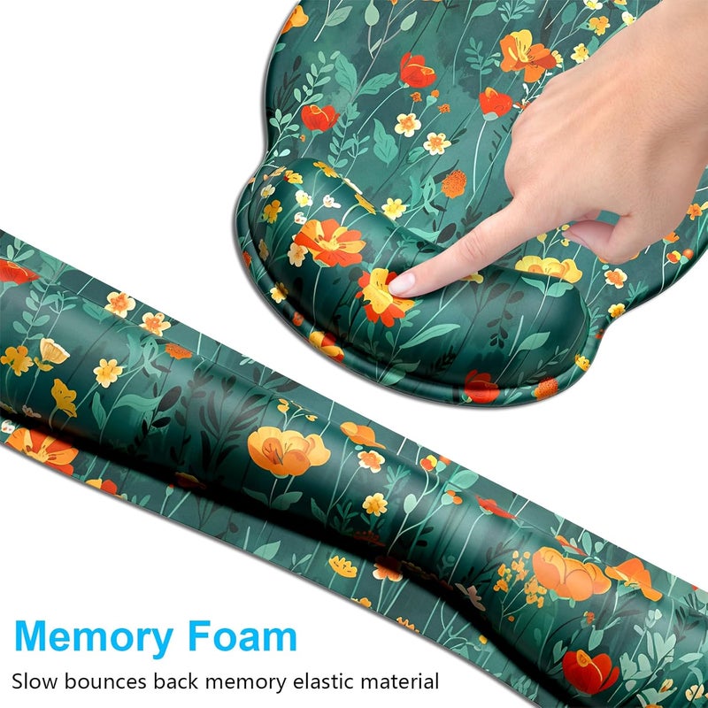 Dapesuom Keyboard Wrist Rest and Mouse Pad with Wrist Support, Cute Memory Foam Cushion for Keyboard and Mouse Set, Desktop Pad Rests with Non Slip Base for Easy Typing & Pain Relief, Forest Flowers - Image 3