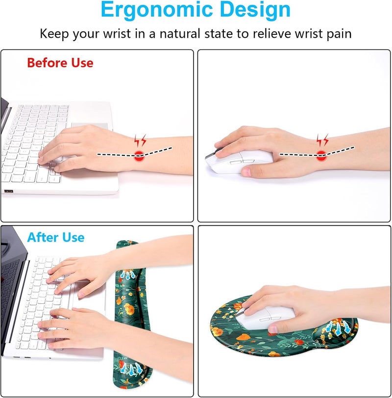 Dapesuom Keyboard Wrist Rest and Mouse Pad with Wrist Support, Cute Memory Foam Cushion for Keyboard and Mouse Set, Desktop Pad Rests with Non Slip Base for Easy Typing & Pain Relief, Forest Flowers - Image 4