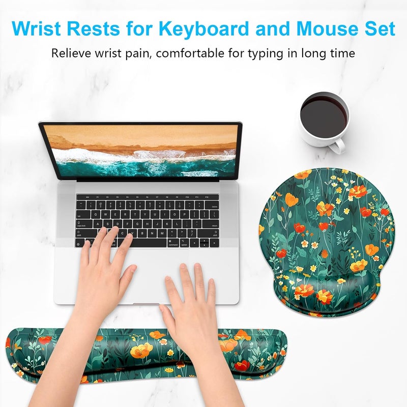 Dapesuom Keyboard Wrist Rest and Mouse Pad with Wrist Support, Cute Memory Foam Cushion for Keyboard and Mouse Set, Desktop Pad Rests with Non Slip Base for Easy Typing & Pain Relief, Forest Flowers - Image 2