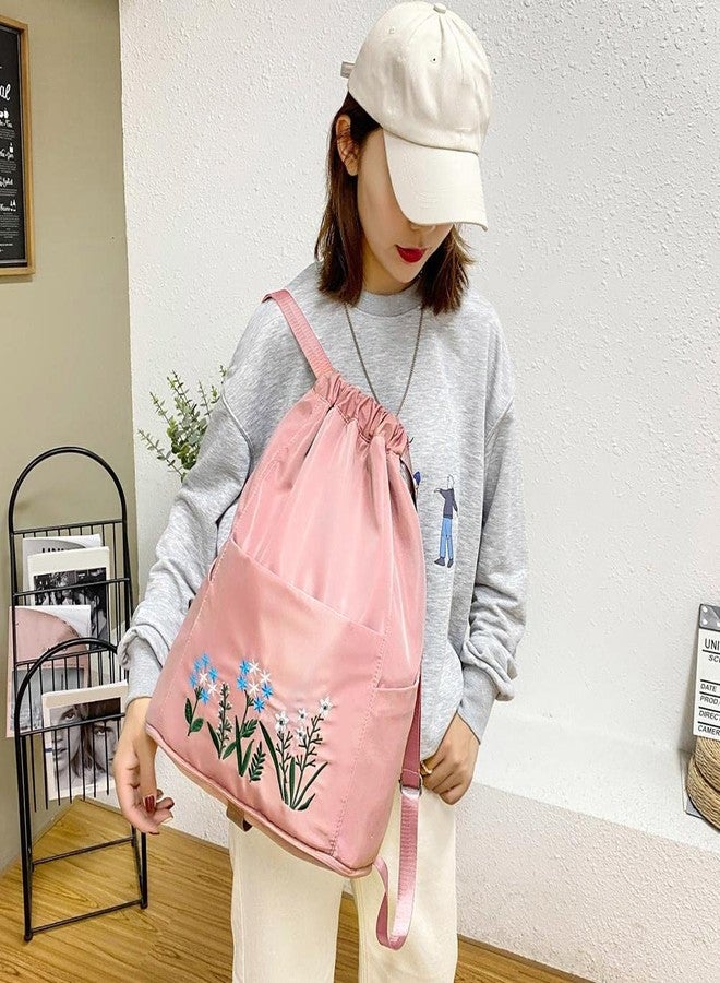 DASNDAS Hitech Travel Drawstring Bag Waterproof Flower Print Fold able Embroidery Design Drawstring Backpack for Outdoor drawstring bag Foldable design (PINK) - Image 2