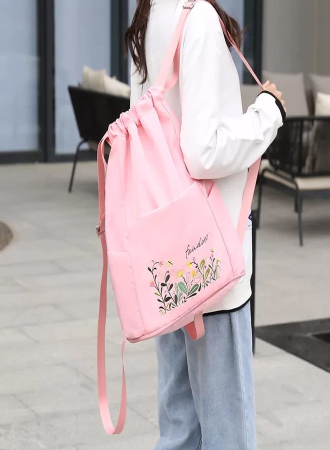 DASNDAS Hitech Travel Drawstring Bag Waterproof Flower Print Fold able Embroidery Design Drawstring Backpack for Outdoor drawstring bag Foldable design (PINK) - Image 5