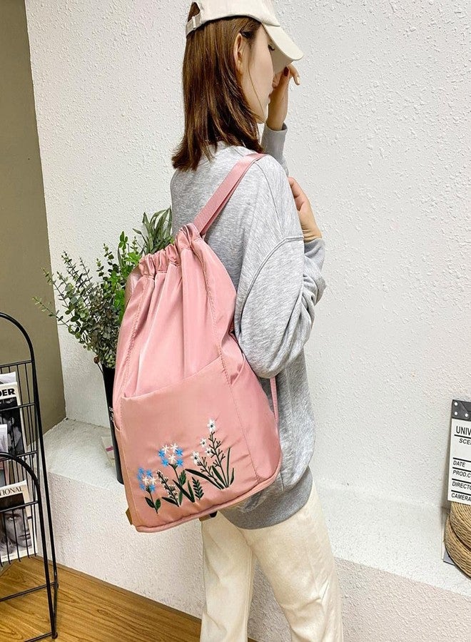 DASNDAS Hitech Travel Drawstring Bag Waterproof Flower Print Fold able Embroidery Design Drawstring Backpack for Outdoor drawstring bag Foldable design (PINK) - Image 4