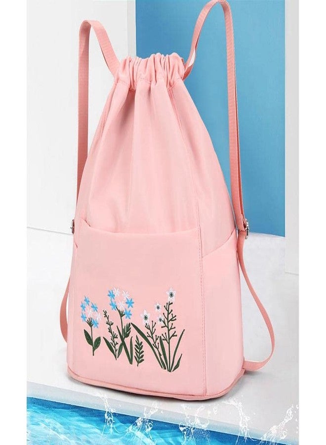 DASNDAS Hitech Travel Drawstring Bag Waterproof Flower Print Fold able Embroidery Design Drawstring Backpack for Outdoor drawstring bag Foldable design (PINK) - Image 3