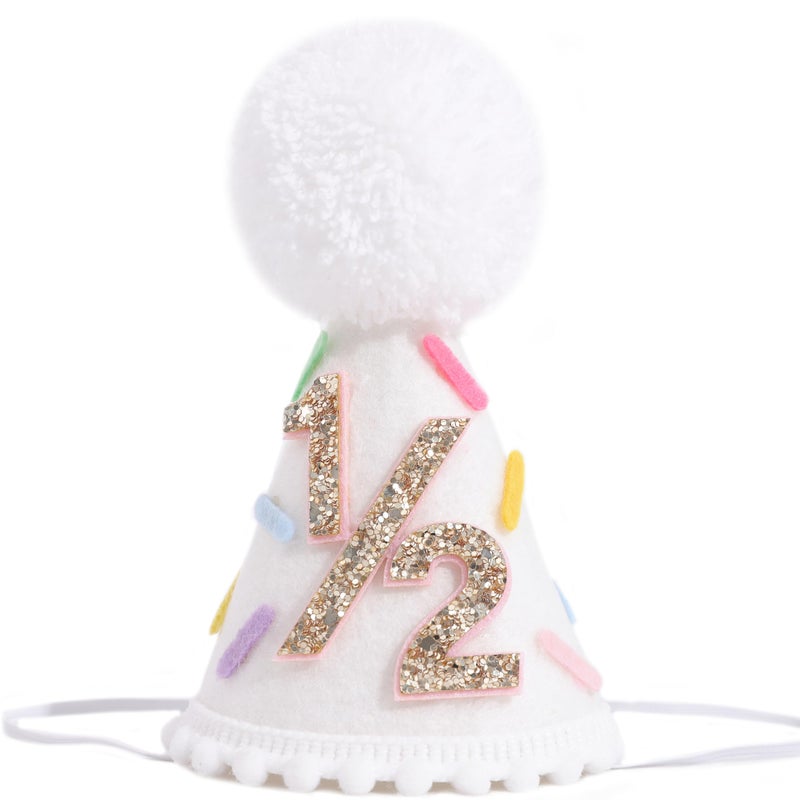 LINGANA Donut 1/2 Birthday Hat - Sweet 6 Months Birthday Party Decorations,Colorful Donut White Cone Hat,Half Way To One Cake Smash Photo Props,Gold Glitter Number 1/2 Party Crown - Image 1