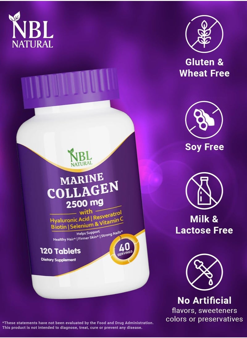 NBL Natural - Hydrolysed Marine Collagen 2500 Mg With Hyaluronic Acid, Resveratrol, Biotin, Selenium And Vitamin C, 120 Tablets - Image 1