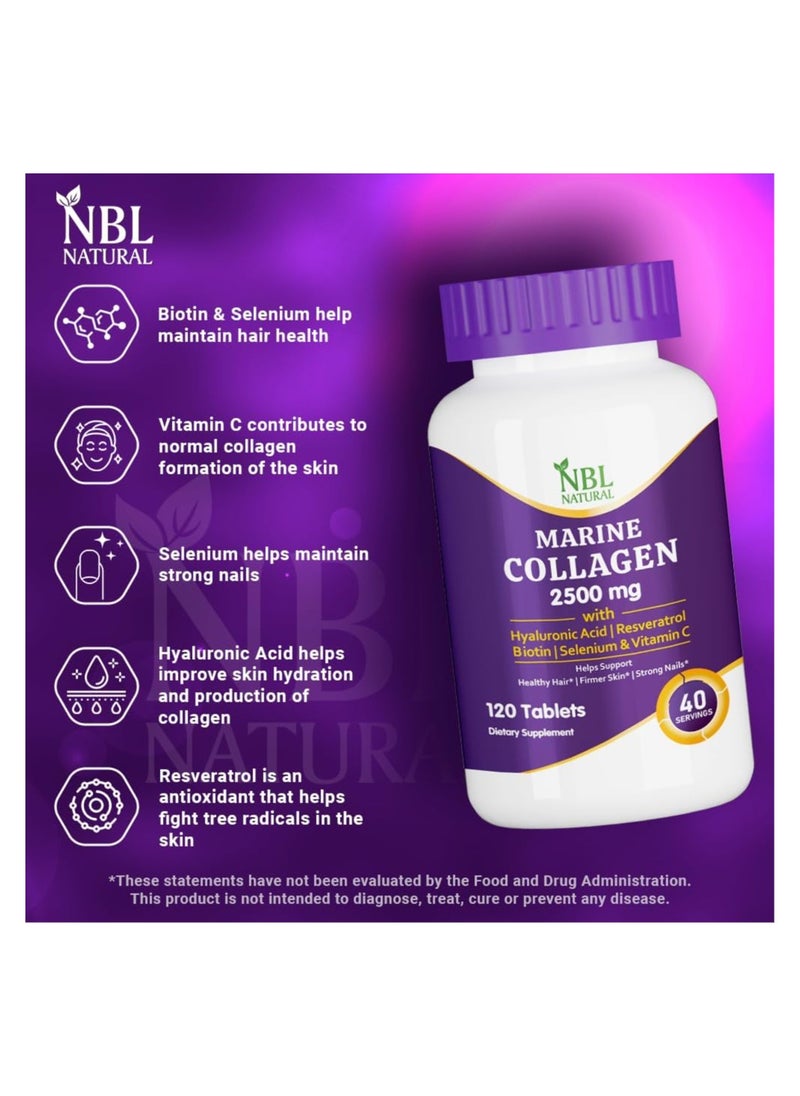 NBL Natural - Hydrolysed Marine Collagen 2500 Mg With Hyaluronic Acid, Resveratrol, Biotin, Selenium And Vitamin C, 120 Tablets - Image 1