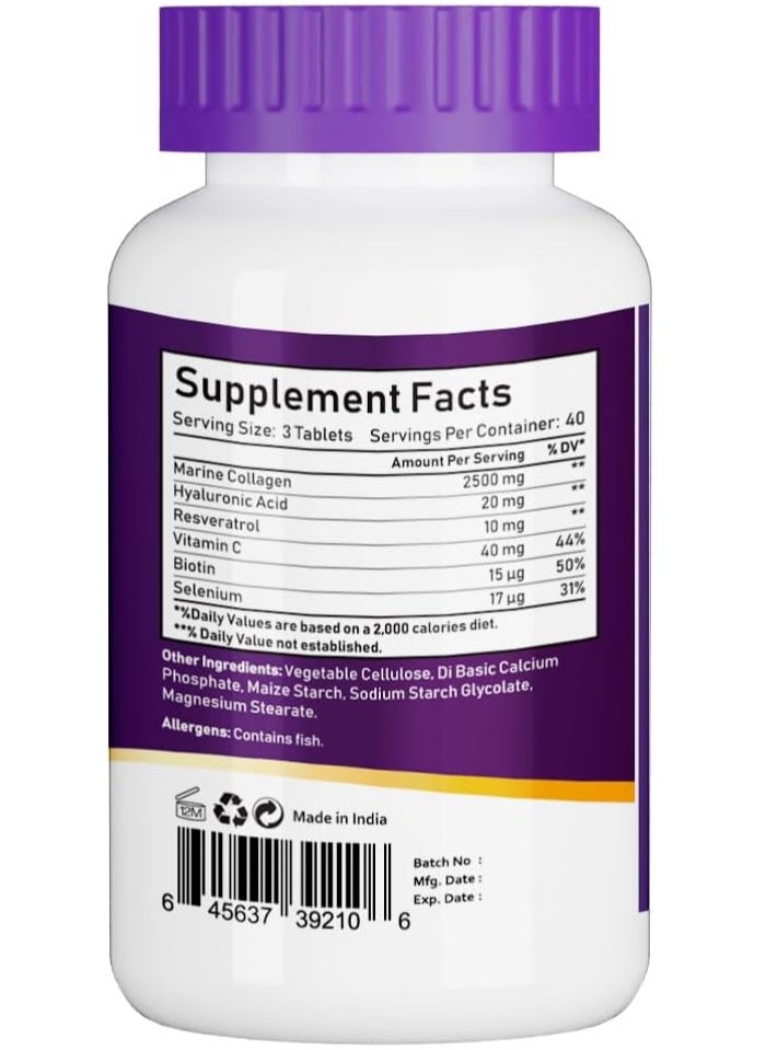 NBL Natural - Hydrolysed Marine Collagen 2500 Mg With Hyaluronic Acid, Resveratrol, Biotin, Selenium And Vitamin C, 120 Tablets - Image 1