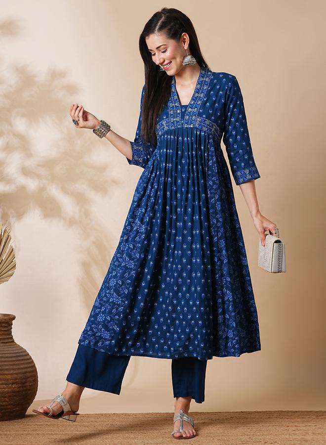 globus All Over Print Pleated A-Line Kurta and Pants Workwear Set - Image 1