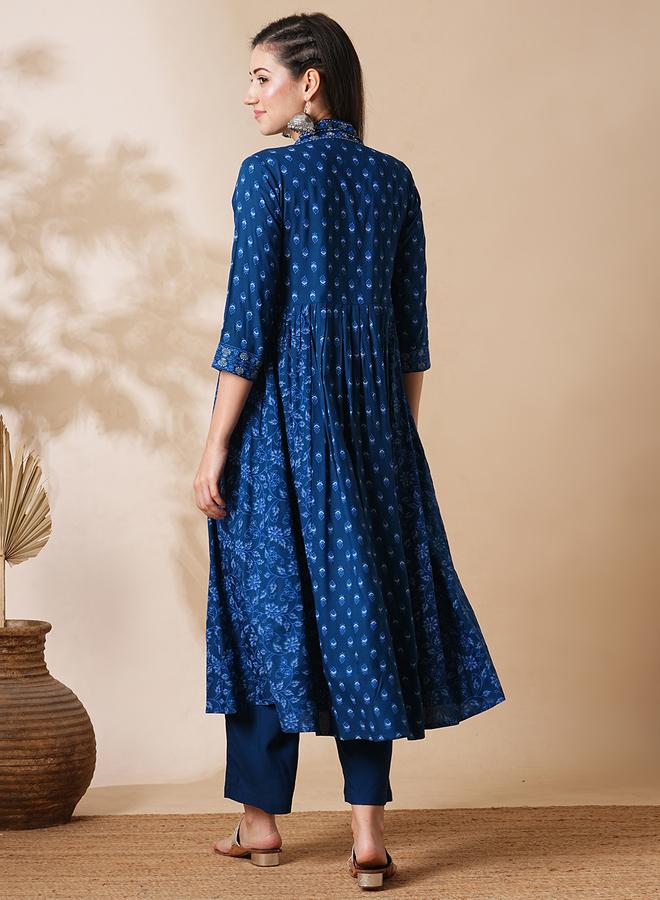 globus All Over Print Pleated A-Line Kurta and Pants Workwear Set - Image 3