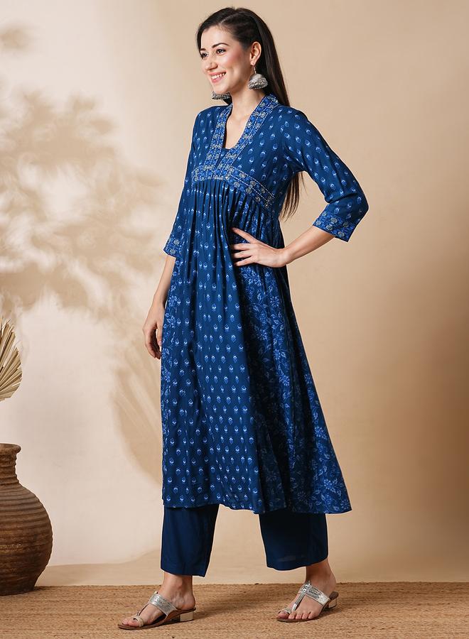 globus All Over Print Pleated A-Line Kurta and Pants Workwear Set - Image 2