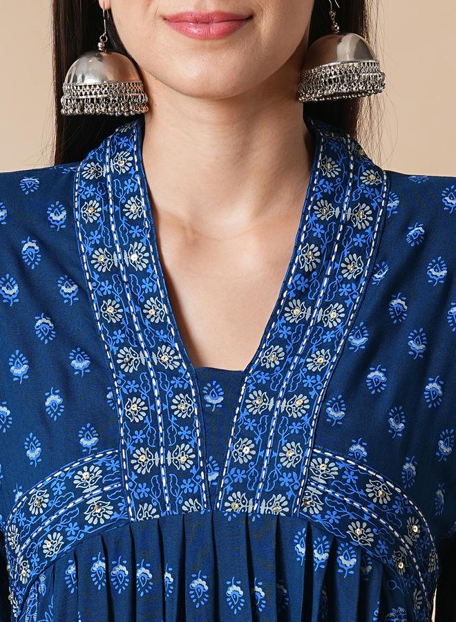 globus All Over Print Pleated A-Line Kurta and Pants Workwear Set - Image 4