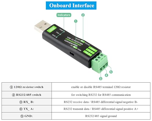 Waveshare محول تسلسلي USB إلى RS232/485 من Waveshare، شريحة FT232RNL الأصلية على اللوحة، fuse ذاتية الاسترداد مدمجة، دائرة حماية TVS، إلخ. متوافق مع Mac وLinux وAndroid وWin11/10/8.1/8/7 - Image 4