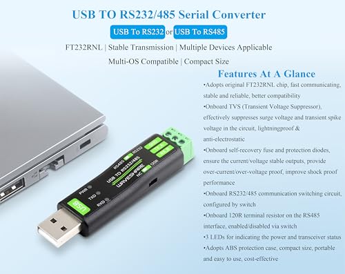 Waveshare محول تسلسلي USB إلى RS232/485 من Waveshare، شريحة FT232RNL الأصلية على اللوحة، fuse ذاتية الاسترداد مدمجة، دائرة حماية TVS، إلخ. متوافق مع Mac وLinux وAndroid وWin11/10/8.1/8/7 - Image 2