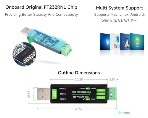 Waveshare محول تسلسلي USB إلى RS232/485 من Waveshare، شريحة FT232RNL الأصلية على اللوحة، fuse ذاتية الاسترداد مدمجة، دائرة حماية TVS، إلخ. متوافق مع Mac وLinux وAndroid وWin11/10/8.1/8/7 - Image 5