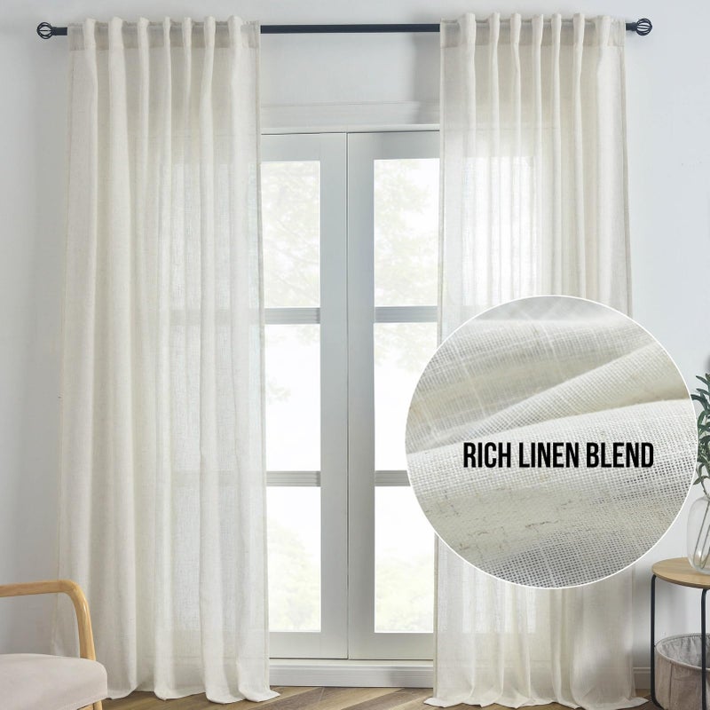 FINECITY 84 Inch Linen Curtains for Living Room Decor  2 Panels Back Tab Boho Semi Sheer Curtain  Light Filtering Privacy Farmhouse Cream Neutral Linen Drapes 7 FT Length  42 x 84 Inch  Natural White - Image 2