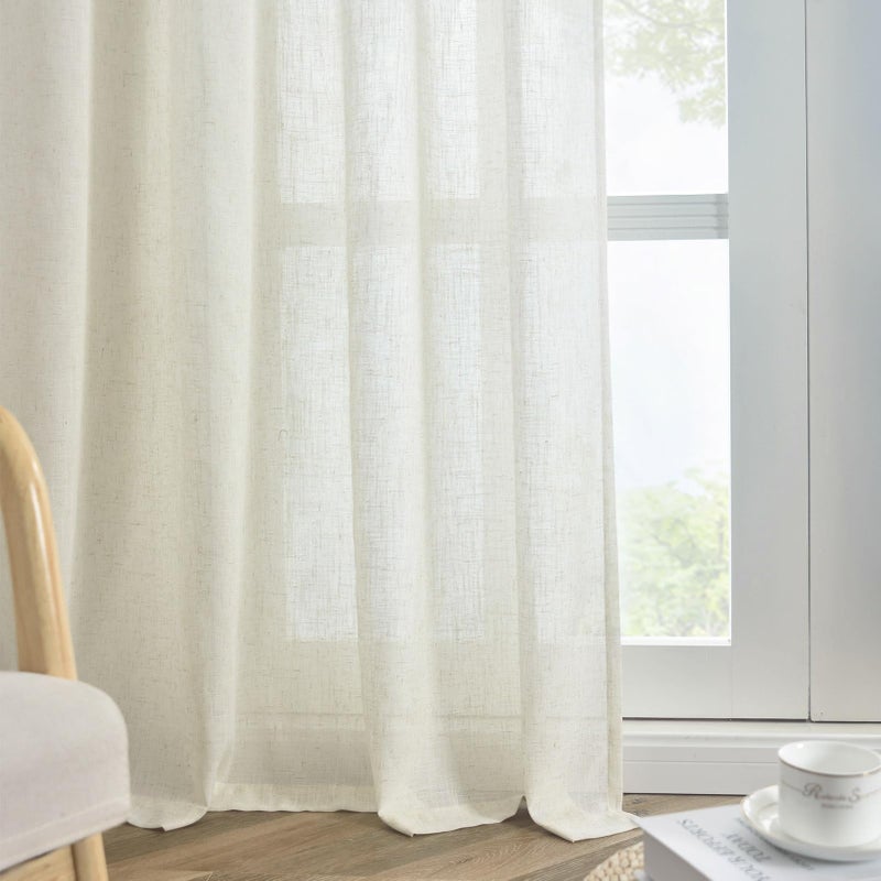 FINECITY 84 Inch Linen Curtains for Living Room Decor  2 Panels Back Tab Boho Semi Sheer Curtain  Light Filtering Privacy Farmhouse Cream Neutral Linen Drapes 7 FT Length  42 x 84 Inch  Natural White - Image 1