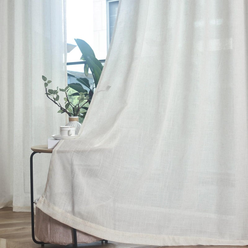 FINECITY 84 Inch Linen Curtains for Living Room Decor  2 Panels Back Tab Boho Semi Sheer Curtain  Light Filtering Privacy Farmhouse Cream Neutral Linen Drapes 7 FT Length  42 x 84 Inch  Natural White - Image 4