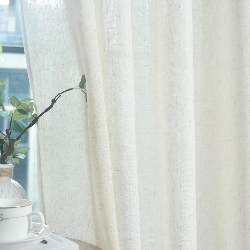 FINECITY 84 Inch Linen Curtains for Living Room Decor  2 Panels Back Tab Boho Semi Sheer Curtain  Light Filtering Privacy Farmhouse Cream Neutral Linen Drapes 7 FT Length  42 x 84 Inch  Natural White - Image 5