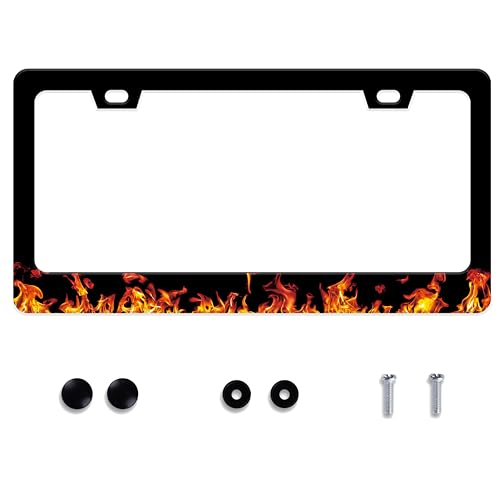 UNINDREM Red Flame License Plate Frame Fire Combustion Stainless Steel License Plate Frame Auto Parts Decoration with Screws License Plate Holder for Men Women 12x6 Inch - Image 1