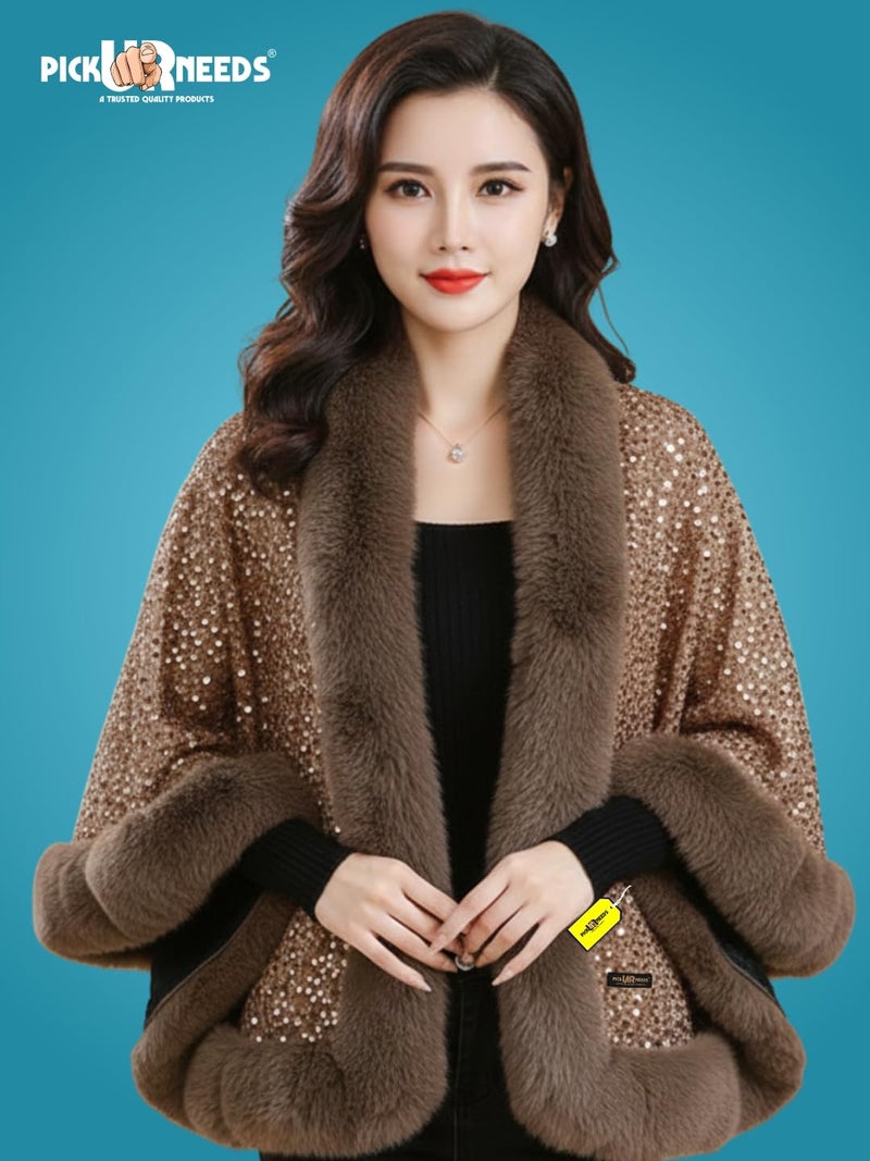 Pick Ur Needs Luxury Shrug for Women Sequin Outerwear with Soft Fur Collar Shawl Evening Wrap Poncho (Brown) - Image 3