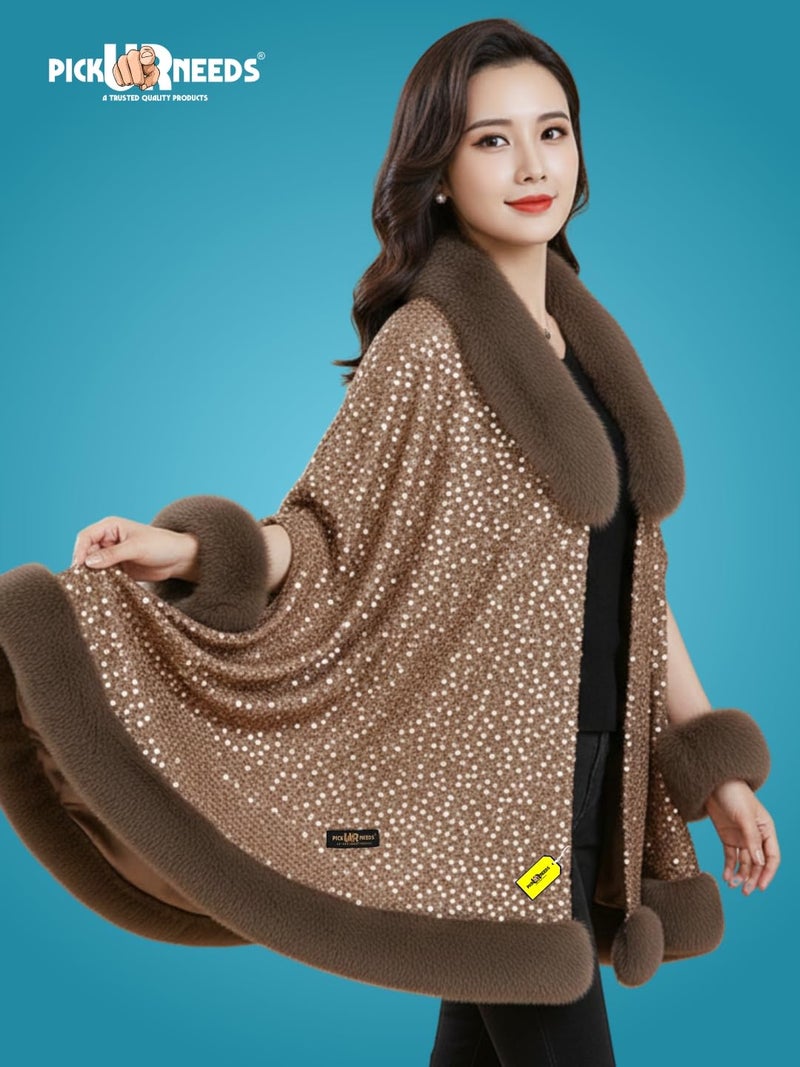 Pick Ur Needs Luxury Shrug for Women Sequin Outerwear with Soft Fur Collar Shawl Evening Wrap Poncho (Brown) - Image 5