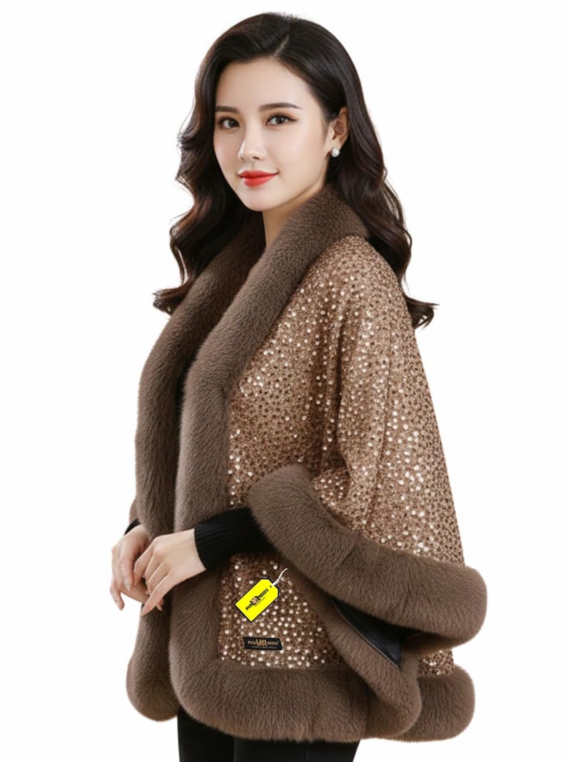 Pick Ur Needs Luxury Shrug for Women Sequin Outerwear with Soft Fur Collar Shawl Evening Wrap Poncho (Brown) - Image 1