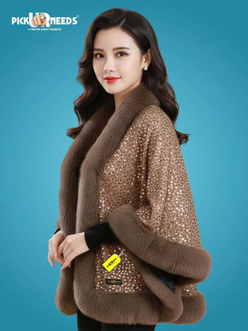 Pick Ur Needs Luxury Shrug for Women Sequin Outerwear with Soft Fur Collar Shawl Evening Wrap Poncho (Brown) - Image 4